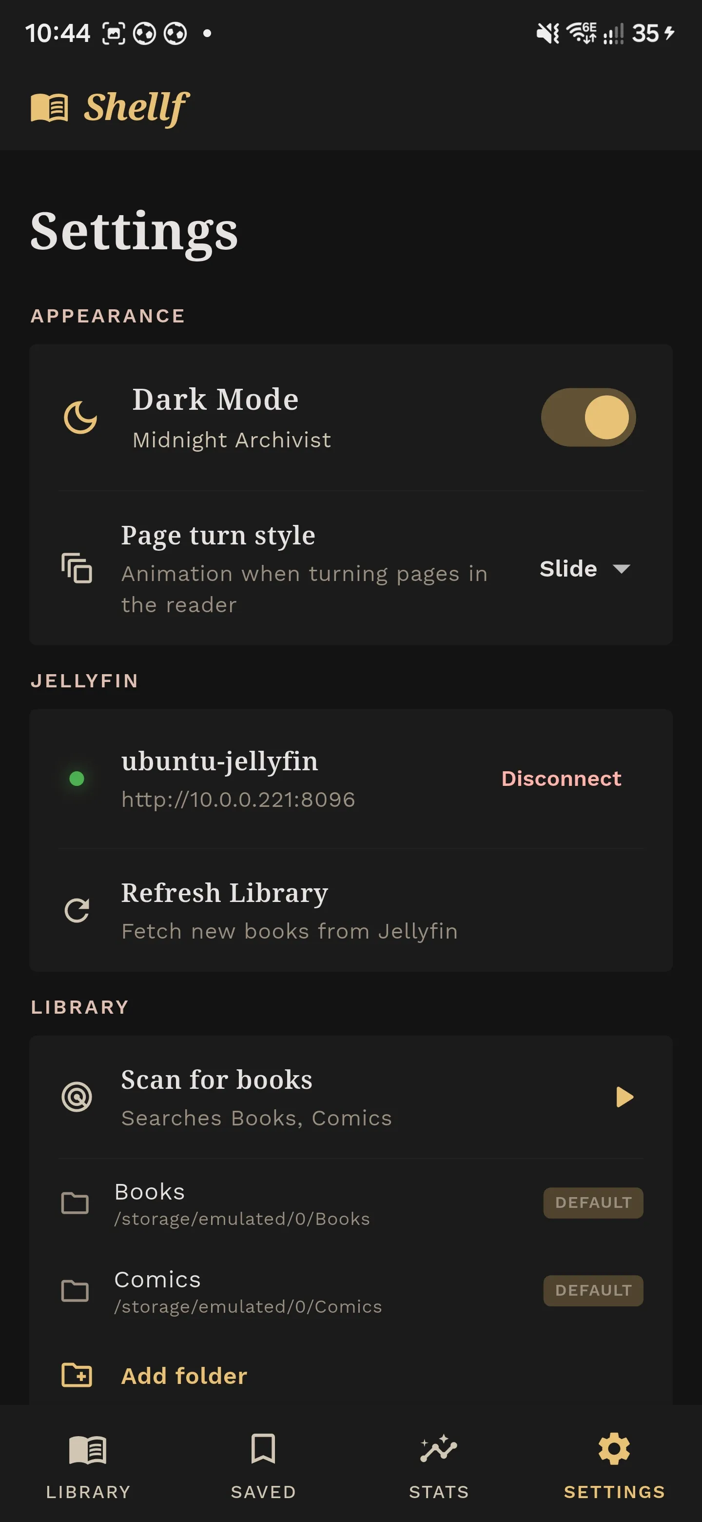 Shellf settings: dark mode toggle, page turn style, a connected ubuntu-jellyfin server and scanned library folders