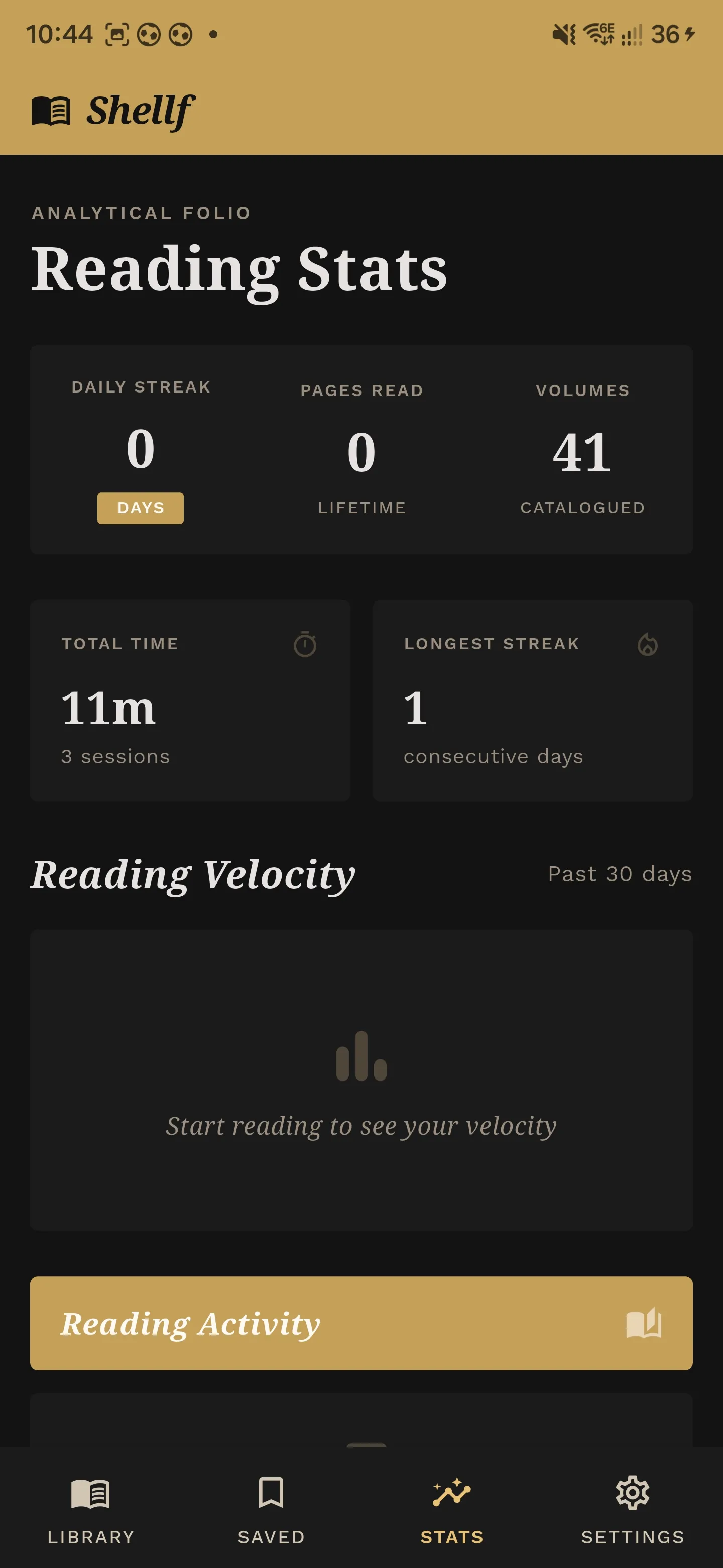 Shellf reading stats: daily streak, pages read, volumes catalogued, total time and a reading velocity chart